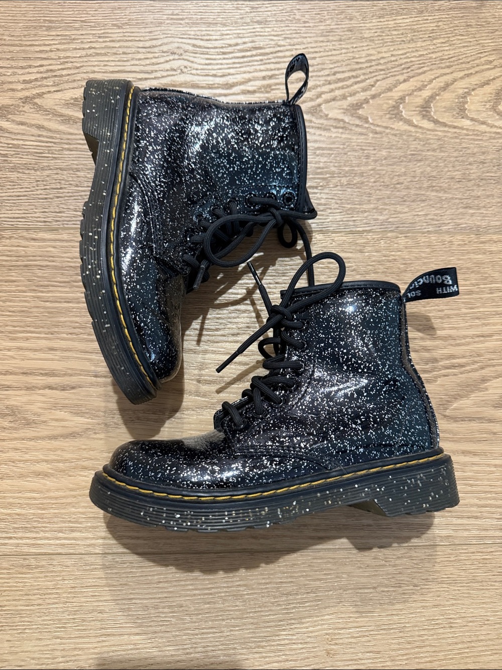 Dr Martens girls Black Glitter Lace-Up Combat Boots